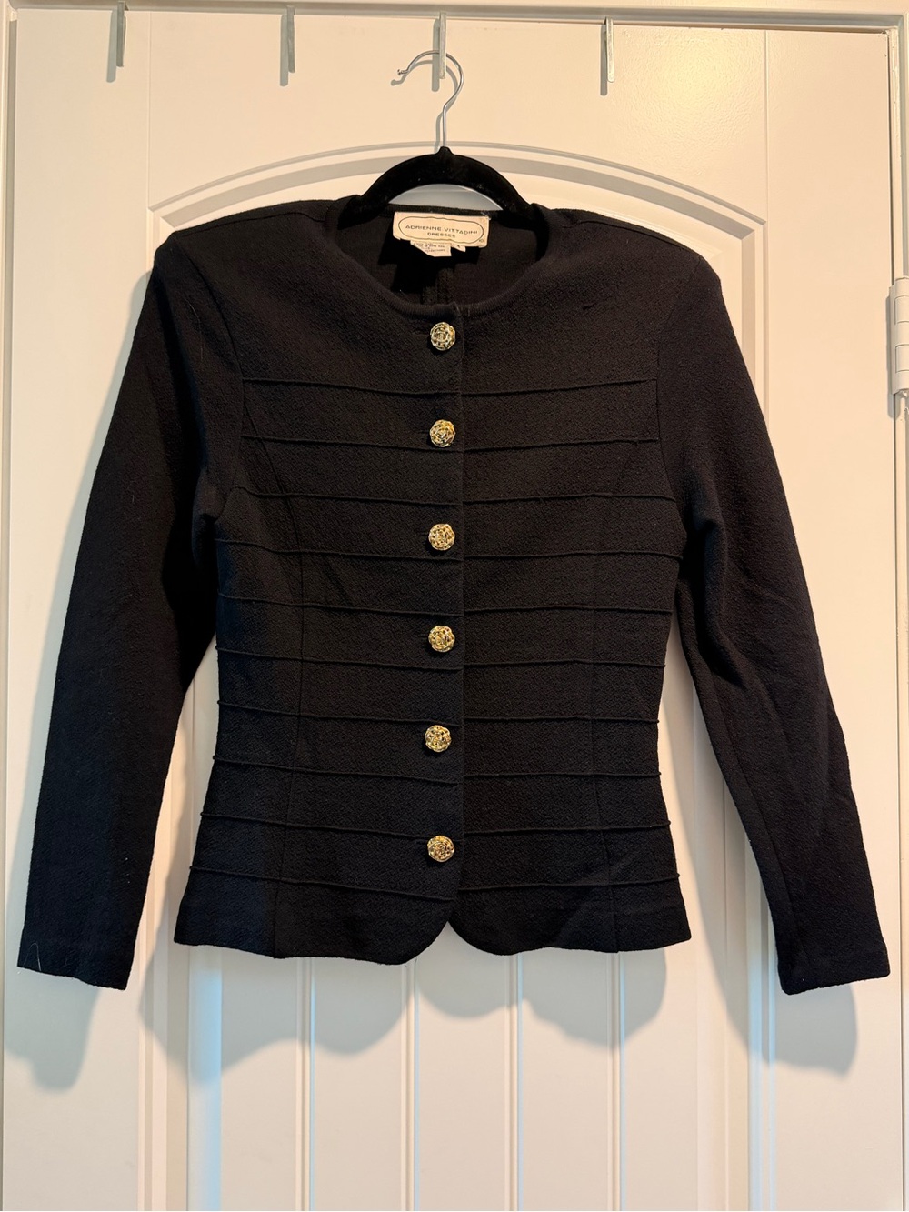 Vintage Wool Adrienne Vittadini Black blazer and skirt with Gold Buttons size 4